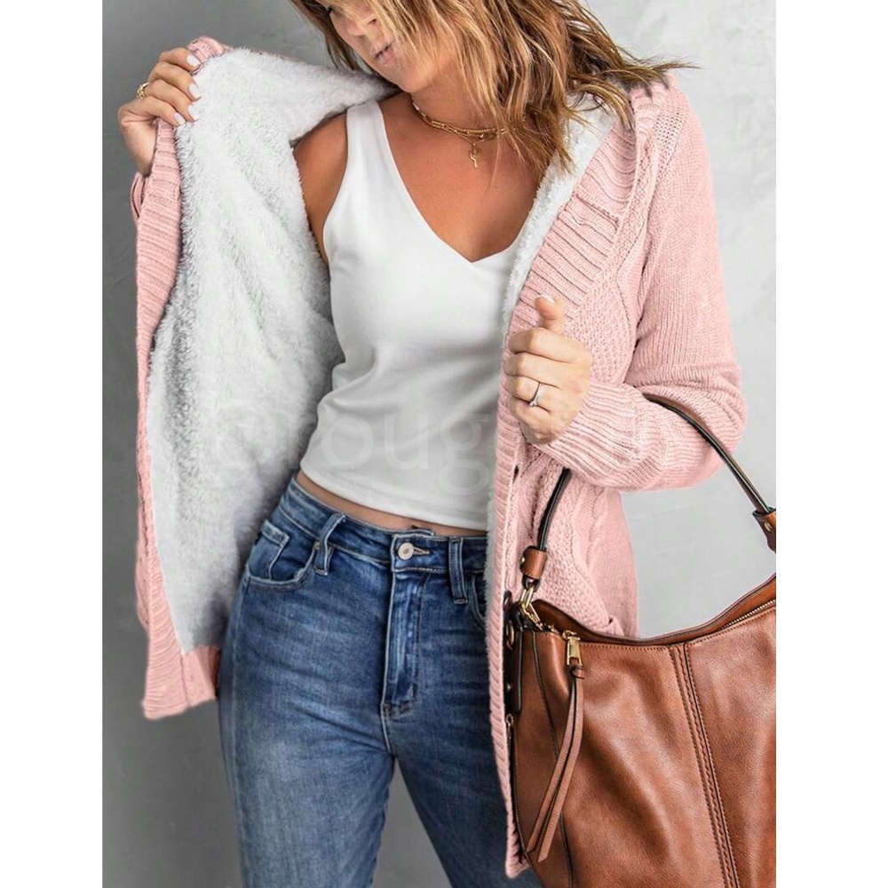 Pink Sherpa Knit Hooded Cardigan Front Pockets Long Sleeves Hip Length - Picture 5 of 17